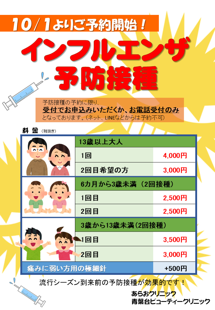 12月17日から29日までのインフルエンザ予防接種予約開始 | 横浜市青葉区の美容皮膚科・形成外科あらおクリニック